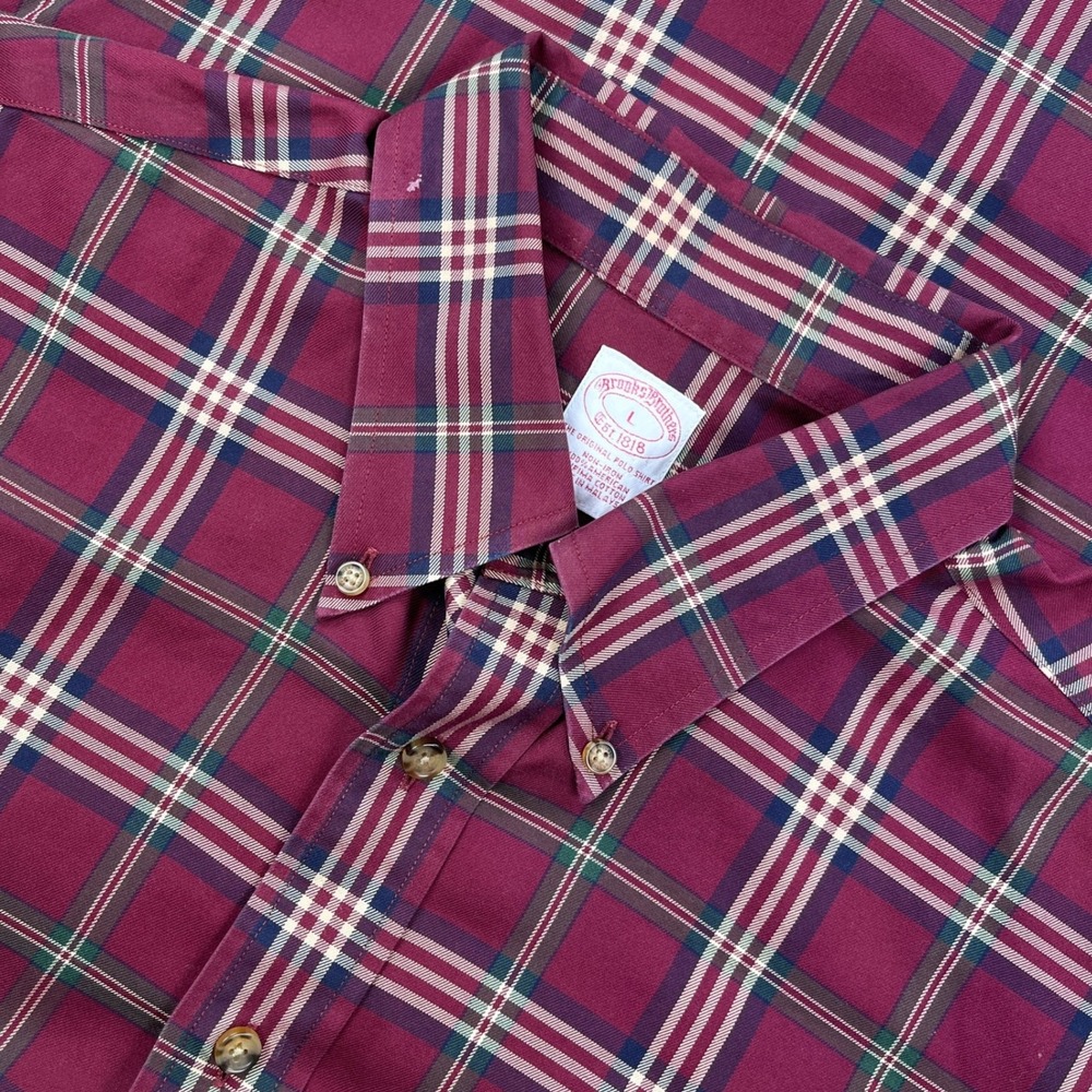 Brooks Brothers Mens L Original Polo Shirt Plaid Supima Cotton Non-Iron Burgundy